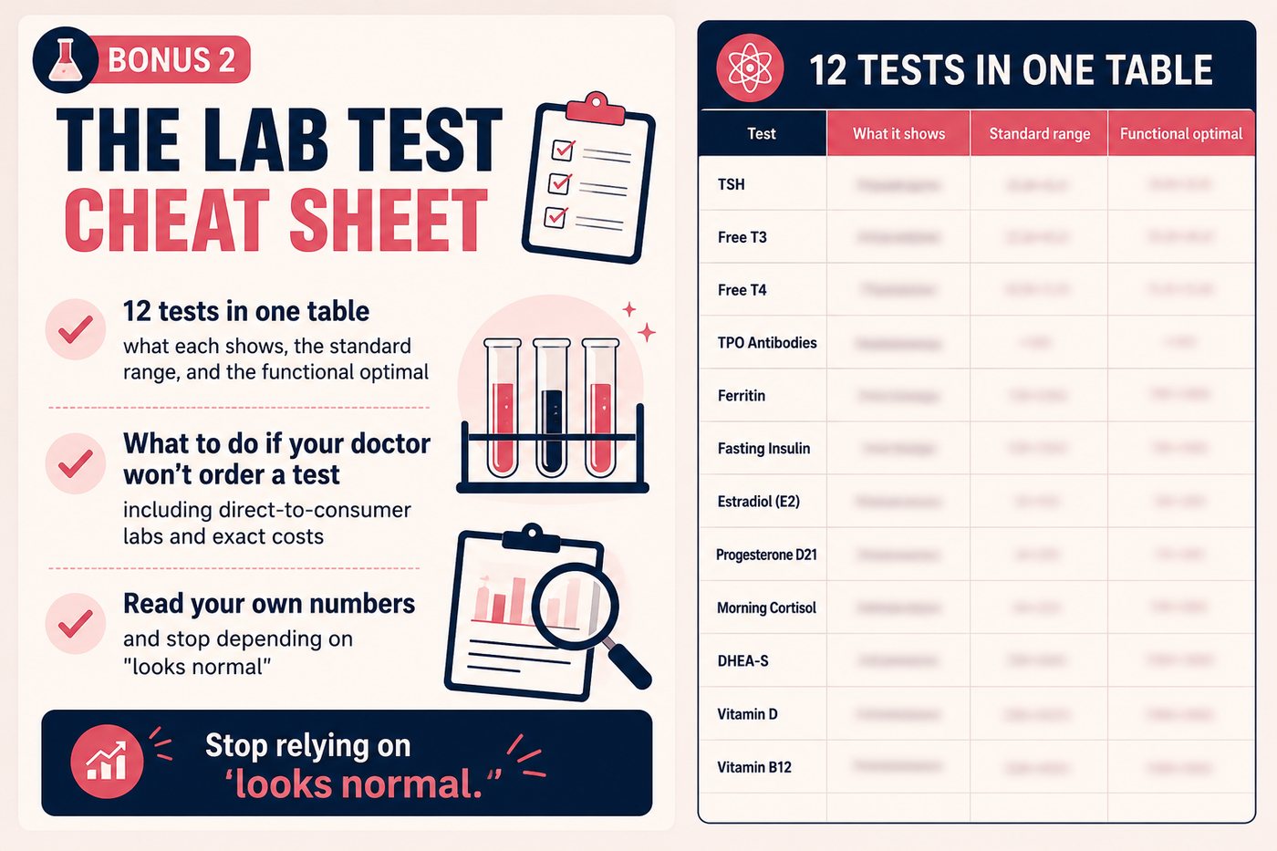 Bonus 2 — The Lab Test Cheat Sheet: 12 tests in one table with standard ranges and functional optimals